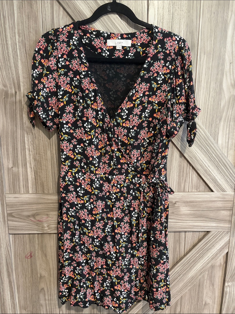 Vintage LOFT Black Floral Wrap Dress/Romper with Pink & White Blooms